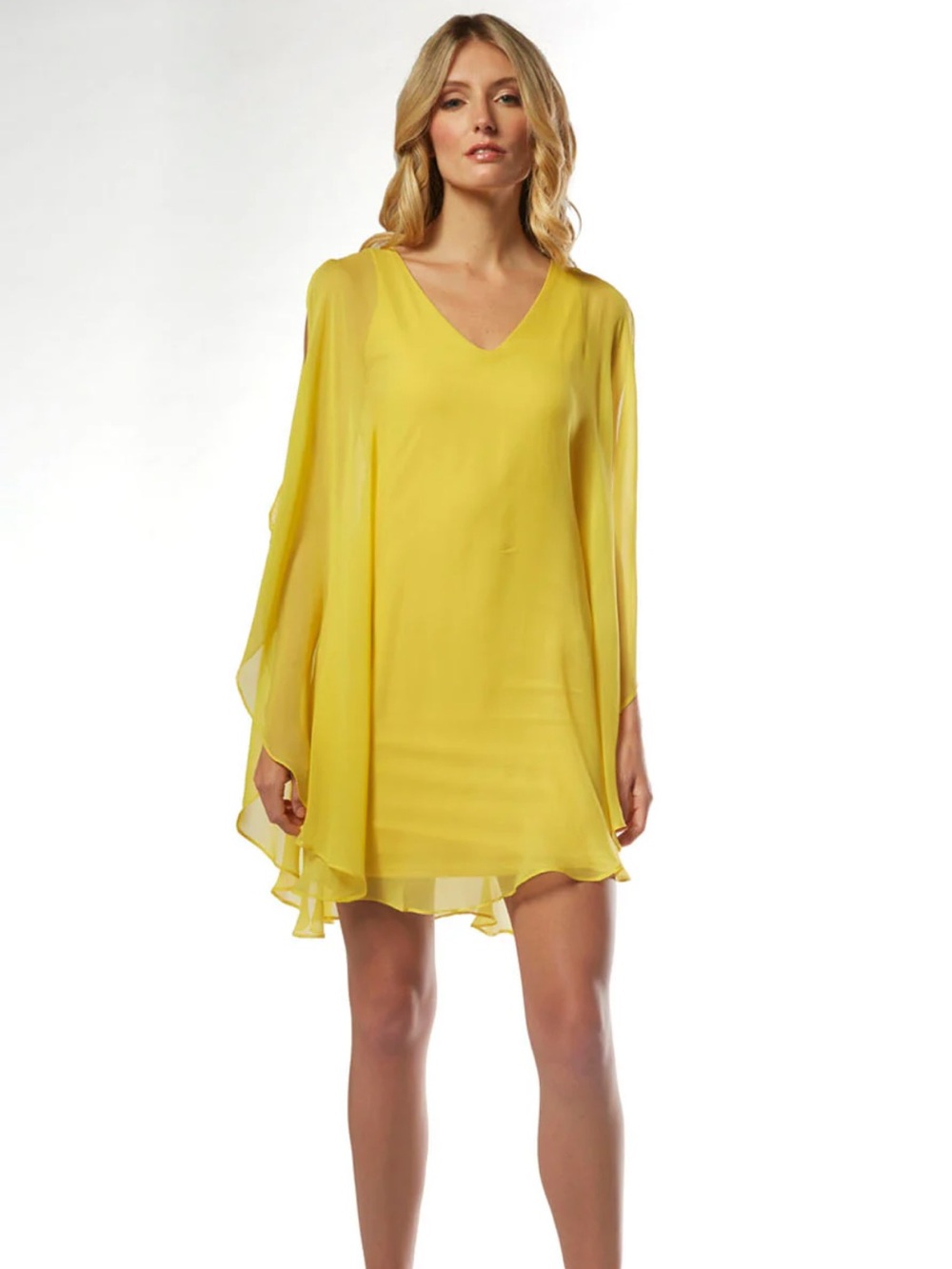 Julian Chang Silk Avatar Draped Chiffon Shift Mini Dress Golden Hour Size Small